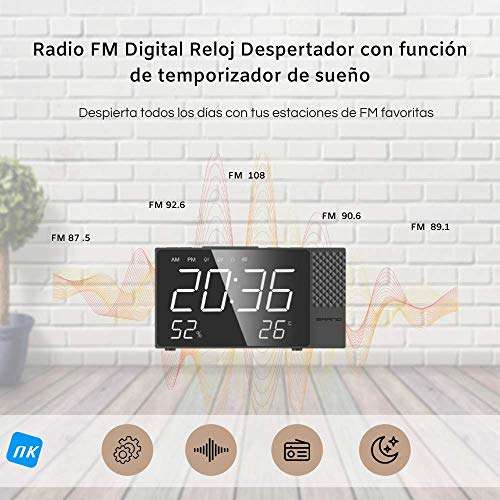 NK Radio Despertador Digital - Inteligente, FM Radio, Medidor Temperatura, Alarma, USB, Modo Noche, Proyección Horaria, Temporizador Sueño