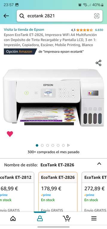 Epson EcoTank ET-2826, Impresora WiFi A4 Multifunción con Depósito