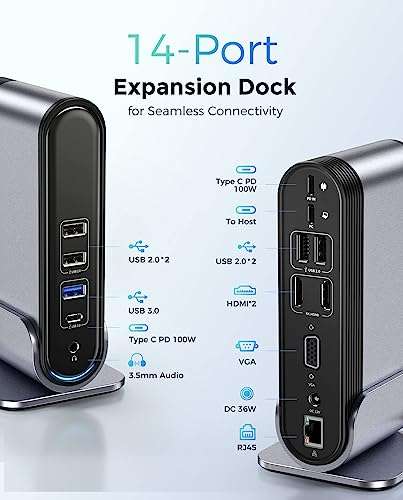 Baseus Docking Station Triple Display, 14-en-1 USB C Docking Station con 2 * 4K HDMI, VGA, 100W