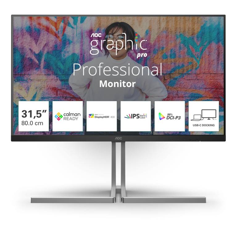 Monitor AOC Graphic Pro U32U3CV 31.5″ LED Nano IPS UltraHD 4K Delta E<2 HDR 400 USB-C, Altavoces, Altura Ajustable