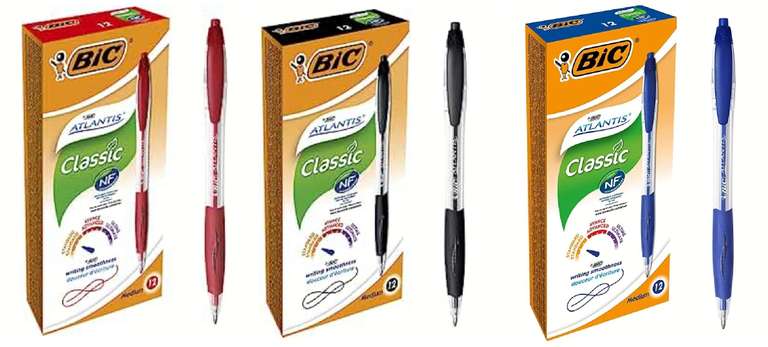 BIC Atlantis Classic bolígrafos Retráctiles punta media (1,0 mm) - Negro, Azul o Rojo. Caja de 12 unidades [0'50€/ud]