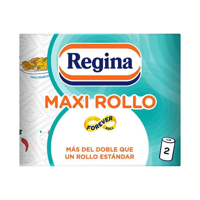 Regina Maxi Rollo Papel de Cocina - Paquete de 2 Rollos, 100 Maxi Hojas Decoradas de 2 Capas, Equivalente a 6 Rollos Estándar