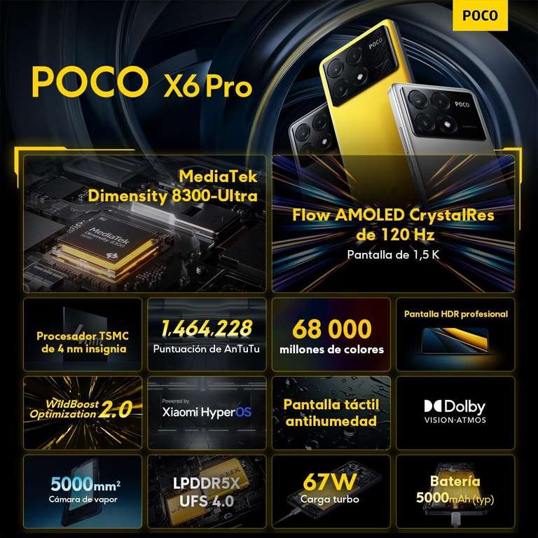 Xiaomi Poco X6 Pro 5G - 12/512GB, AMOLED de 6.67” 120Hz 1.5K, MTk Dimensity 8300-Ultra, Triple cámara de hasta 64MP, 5000mAh - Smartphone