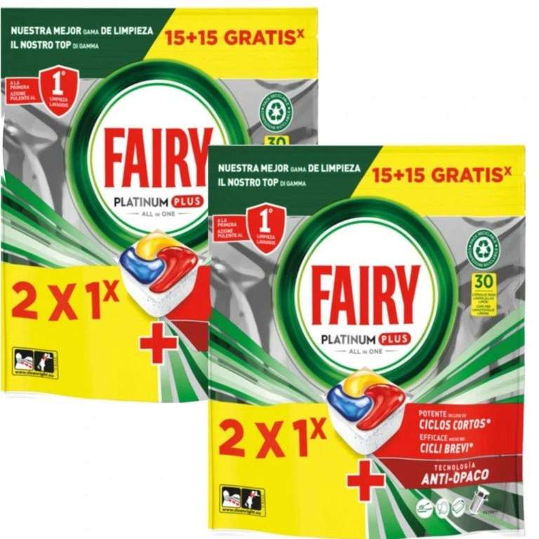 FAIRY Detergente lavavajillas Platinum Plus All in 1 bolsa 15+15 Capsulas-PACK 2 bolsa TOTAL 60 Capsulas