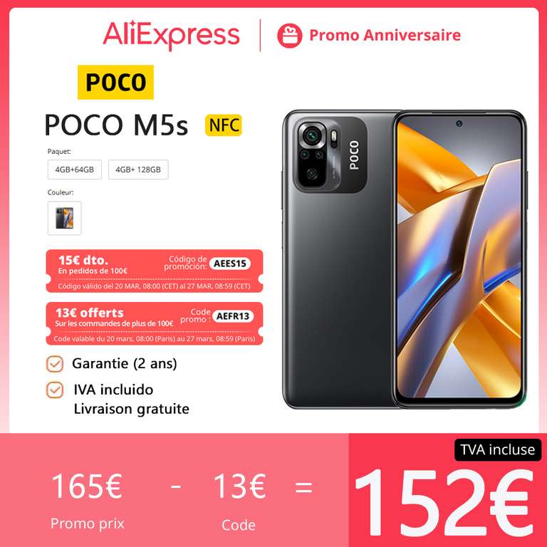 POCO M5s 4GB, versión Global, NFC 64GB (4GB + 128GB por 158,76€) envío desde Europa