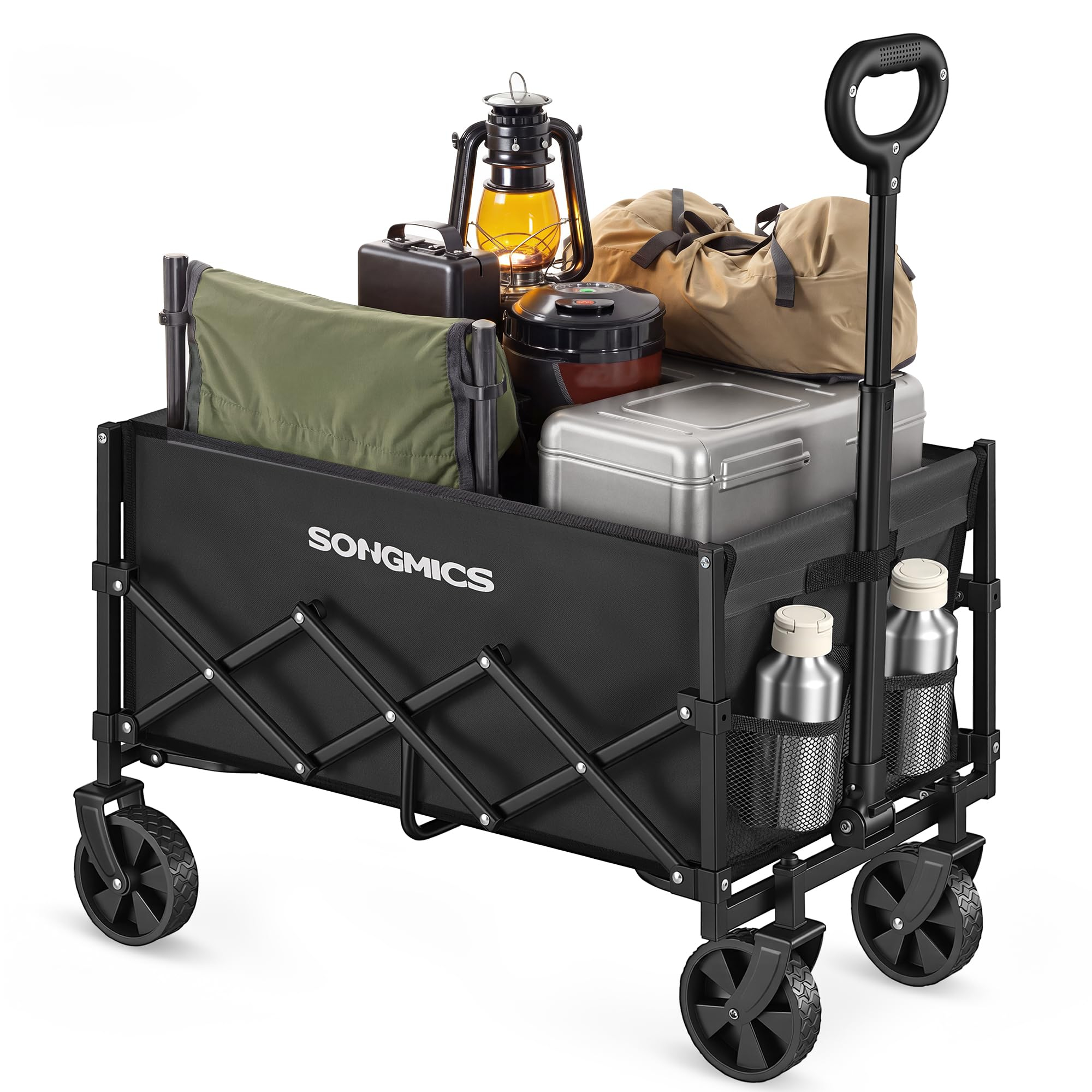 SONGMICS Carro Plegable de Jardín, Carga de 120 kg, 90 L Con Asa, 4 Ruedas Reforzadas (2 Giratorias), para Exterior