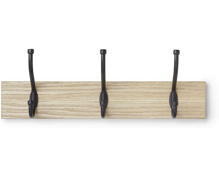 2 Percheros de madera de pared, 3 ganchos estándar 34 cm, Natural, 2 unidades