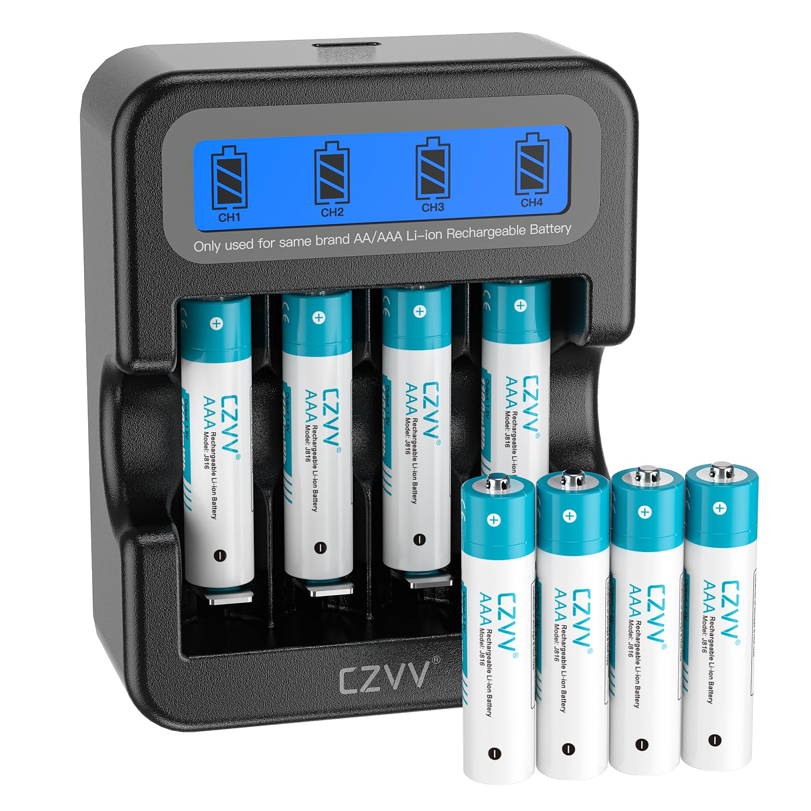 Pilas Recargables AAA Litio 1,5V - LCD Cargador de Pila AA AAA con 8 Unidades