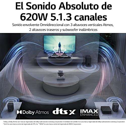 LG S80QR - Barra de Sonido Inteligente, 620W, 5.1.3 canales, Triple Altavoz Atmos Vertical + Traseros, Sonido Dolby Atmos, dst:X e IMAX