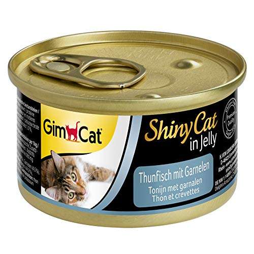 (24 latas x 70g) GimCat ShinyCat in Jelly, atún con gambas - Alimento húmedo para gatos, con pescado y taurina