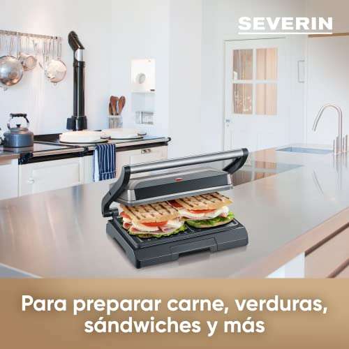 SEVERIN Parrilla grill de contacto para carne y sándwiches, sandwichera grill antiadherente para asar sin grasa, plancha grill de 800 W