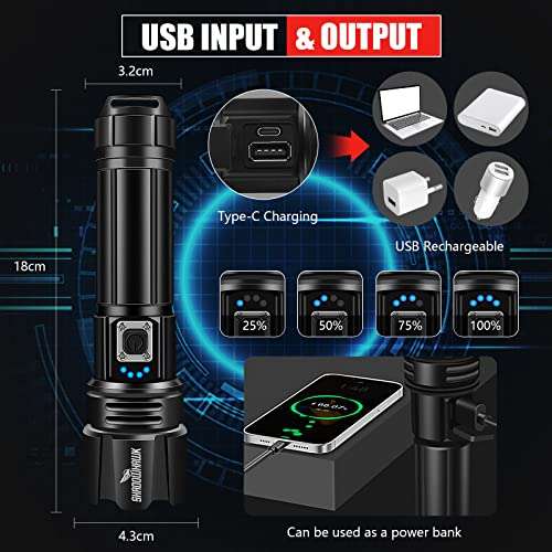 Shadowhawk Linterna LED Recargable USB y a Pilas, IPX67 Impermeable 5 Modos de luz + extras