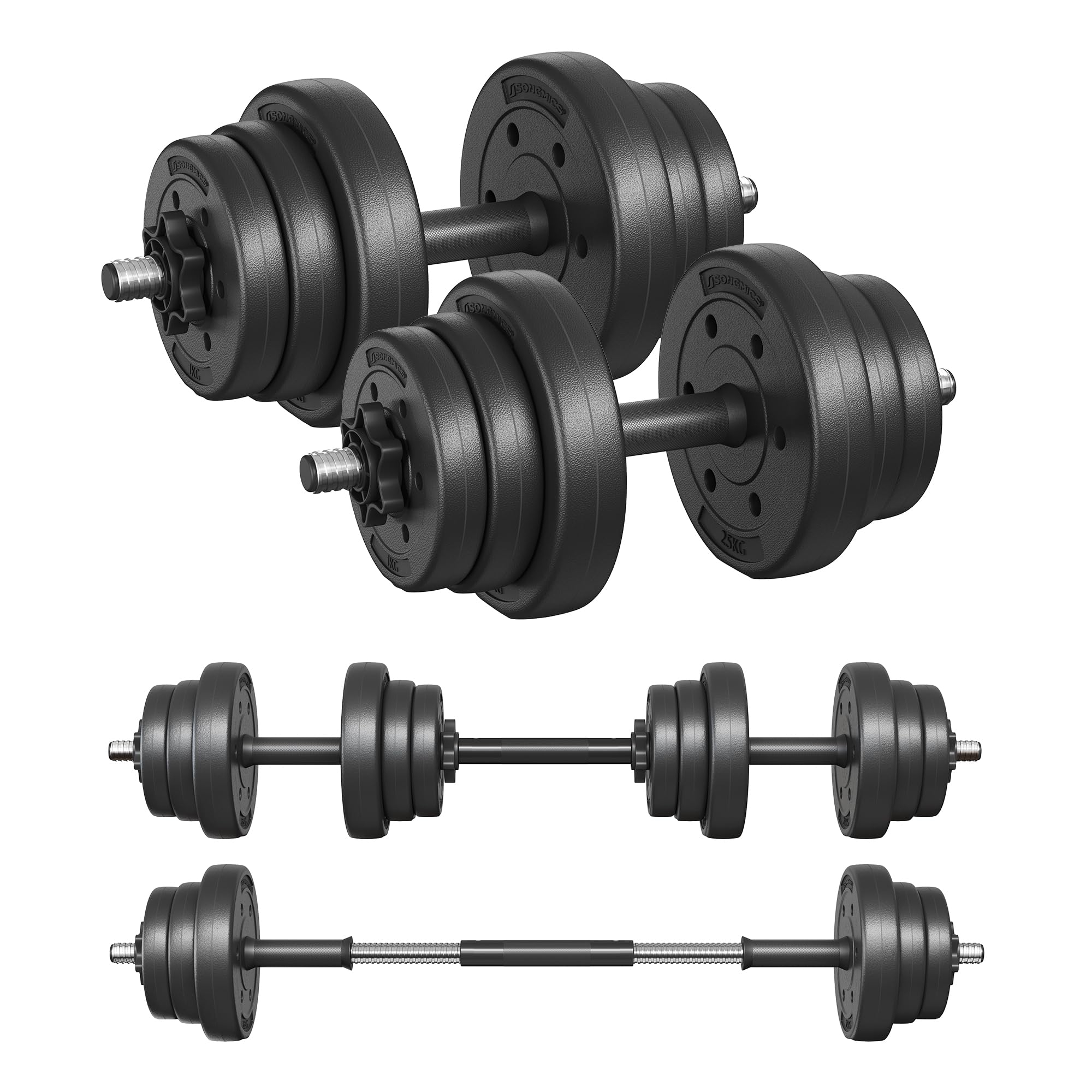 Mancuernas Ajustables 2 en 1 SONGMICS 20 kg (Barra de unión acolchada, discos intercambiables, bloqueo roscado, SYL20HBK, en Amazon)
