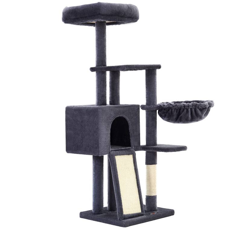 FEANDREA Árbol para Gatos, 135 cm, de Felpa de Varios Niveles, con Plataforma con Cubierta Extraíble y Lavable, Rascador, Cesta, Cueva