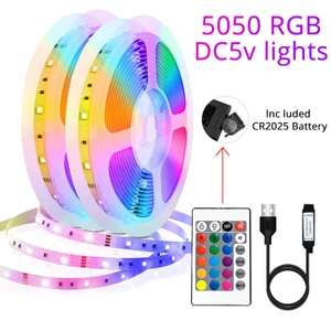 Tira de luces Led RGB 5050 5V, cinta de colores con diferentes modos de iluminación con control remoto. 15 M.