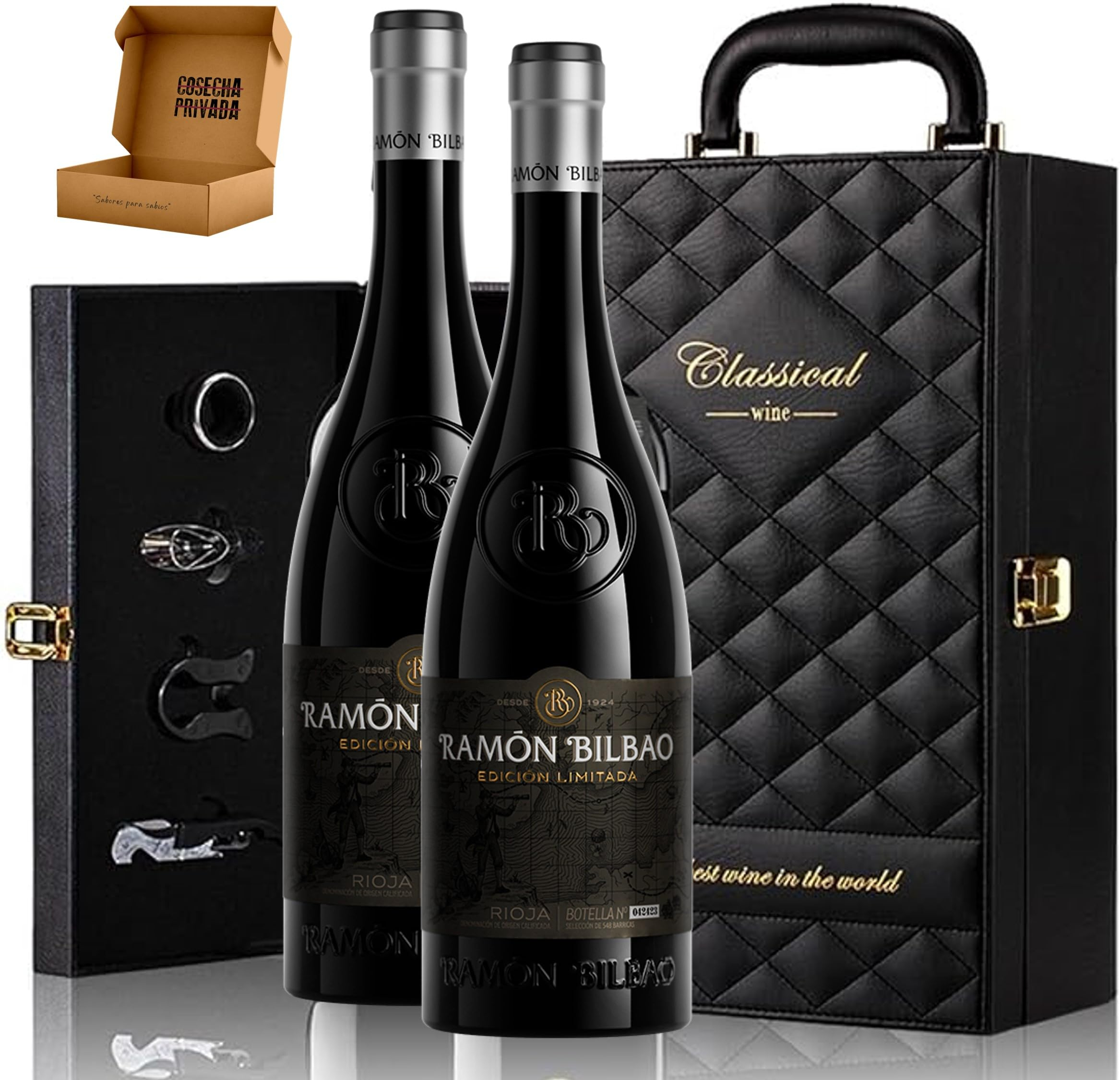 Estuche Ramón Bilbao de Vino Elegante para Regalo con Dos Botellas de Vino y Set de 4 Accesorios (Rioja, Ramon Bilbao EL) - EST. Cuero