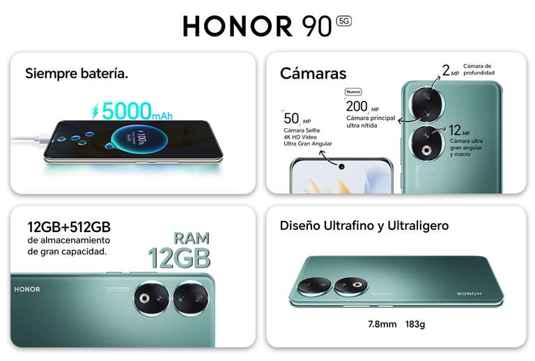 HONOR 90 5G - 12/512GB, Cámara Triple 200 MP, Pantalla Curva AMOLED 6.7" 120 Hz, 5000mAh, 66W, Android - Smartphone 5G