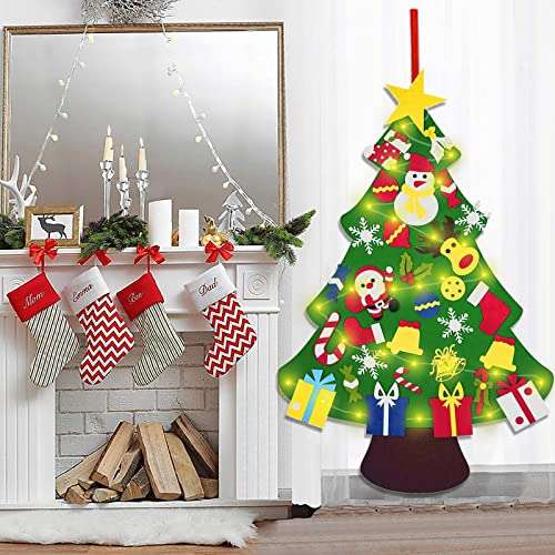 Arbol Navidad fieltro (100x70cm) + 3m luces LED + 30 ornamentos + gancho