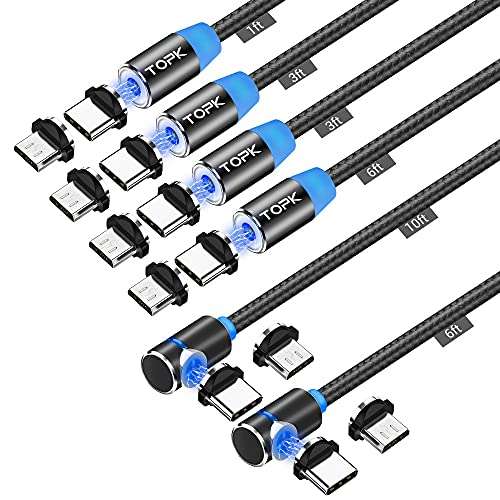 6 x Cable de carga magnético, 6 unidades, 0,3 m, 0,9 m, 0,9 m, 1,8 m, 1,8 m, 3 m, 3 en 1, compatible con tipo C, micro USB y 8-P