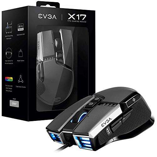EVGA X17 Ratón para Gaming, Cableado, Gris, Personalizable, 16,000 DPI, 5 Perfiles, 10 Botones, Ergonómico
