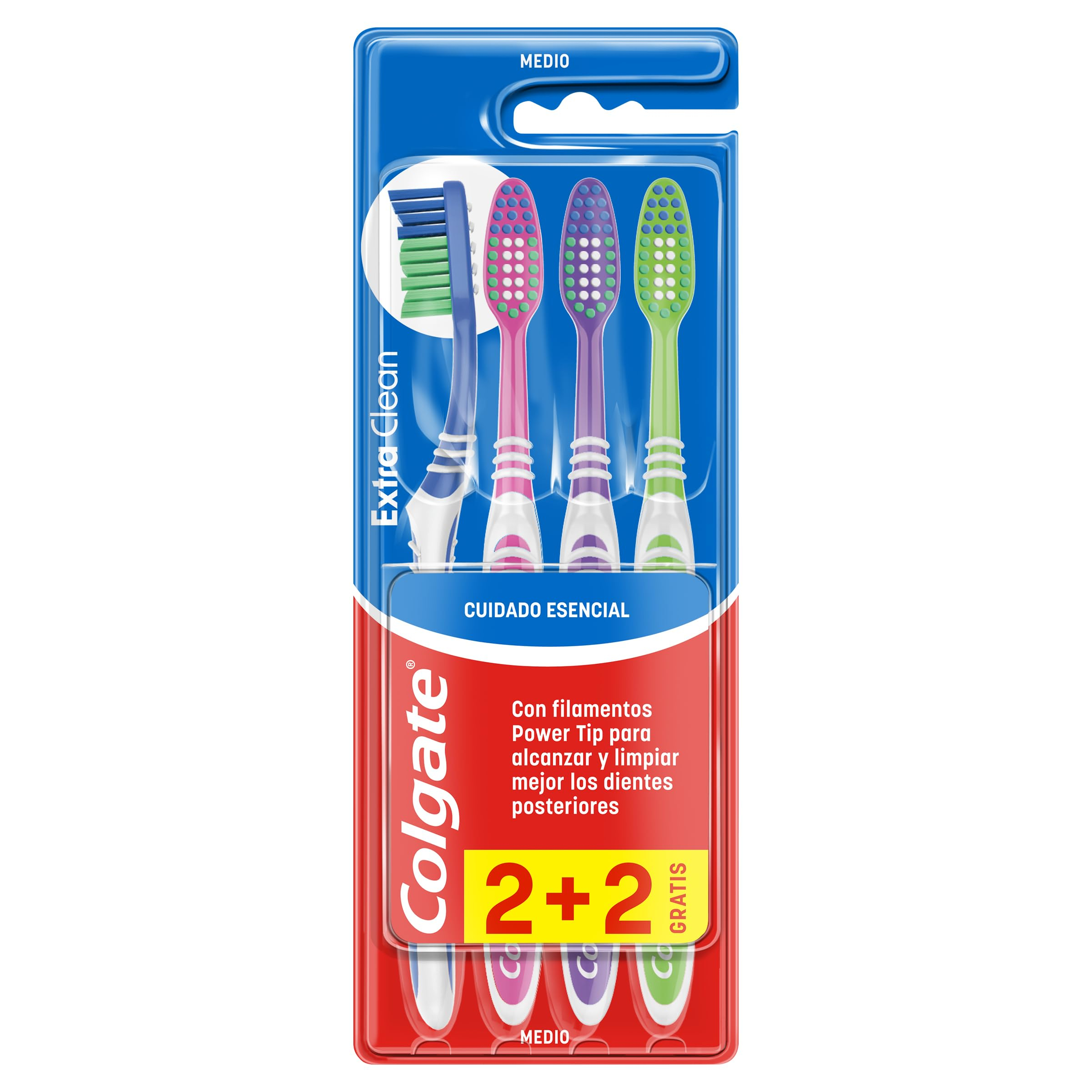 X3: COLGATE Cepillo de dientes Extra Clean medio, limpia alcanzando hasta los dientes posteriores Pack 2+2, Multicolor (CP21509)