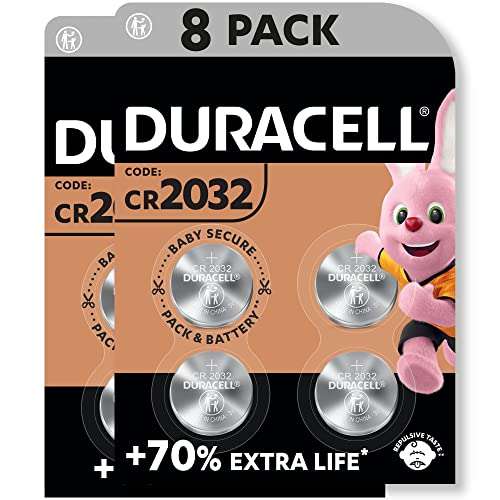 Duracell - Pilas de botón de litio 2032 de 3 V, paquete de 8, con Tecnología Baby Secure, para uso en llaves con sensor (DL2032/CR2032)
