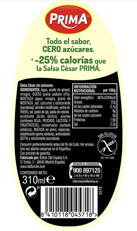 Prima Salsa César sin Azúcares añadidos, 310ml