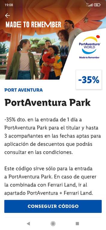 35% de descuento en entradas a Port aventura o P.Aventura+ Ferrari Land para un día con la app de Lidl