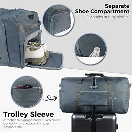 Bolsa de Viaje Plegable de Grande 65L, Bolsa Viaje con Compartimento para Zapatos, Impermeable Bolsas de Viaje para Hombre y Mujer - Gris