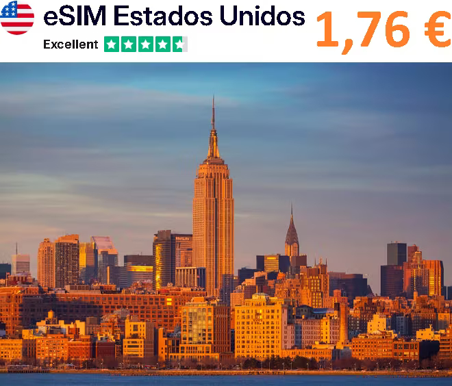 eSIM para Estados Unidos, 7 días y 1GB, por 1,76 €. Más destinos en descripción.