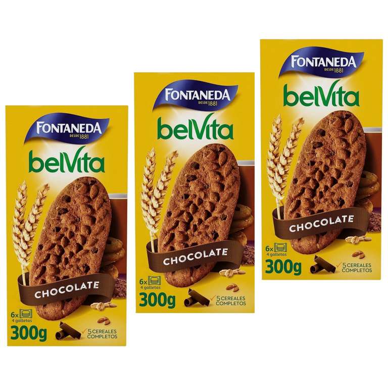 3 x Fontaneda Belvita Galletas con Chocolate y 5 Cereales Completos Enriquecidas con Hierro, Calcio y Magnesio 300 g [Unidad 1'41€]