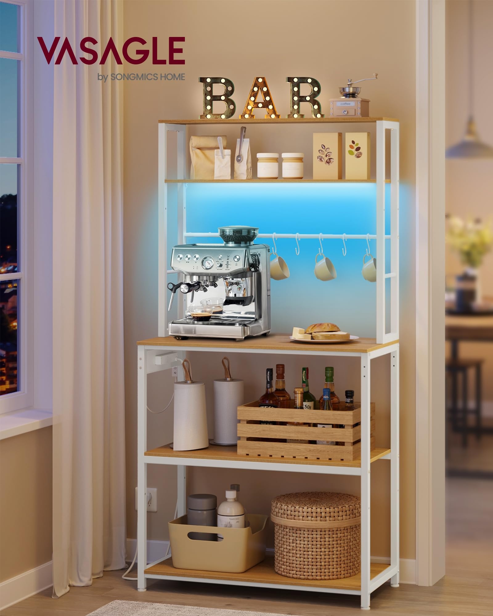 Estantería de Cocina con LED, para Microondas con Regleta, Estantes Ajustables, 8 Ganchos, 40 x 80 x 168,4 cm