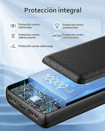 PowerBank 10000mAh, Bateria Externa Movil, Cargador Portatil Mini, con 2 USB+1 TYPEC