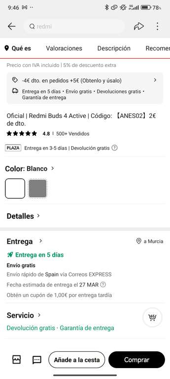 Auriculares bluetooth Xiaomi Redmi Buds 4 Active (Tienda Oficial Xiaomi)