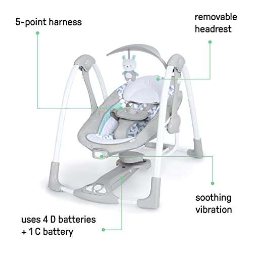Ingenuity ConvertMe 2 en 1 Columpio Automático Portátil y Asiento para Bebé, Vibraciones con Batería, Sonidos de la Naturaleza, 0-9 Meses