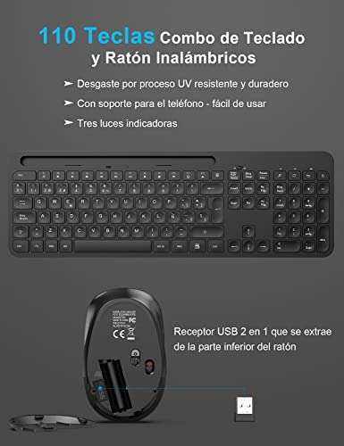 TedGem Teclado y Raton inalambrico, diseño ergonómico 2,4 G Teclado inalámbrico y ratón Combinado USB Teclado y Raton (Negro)