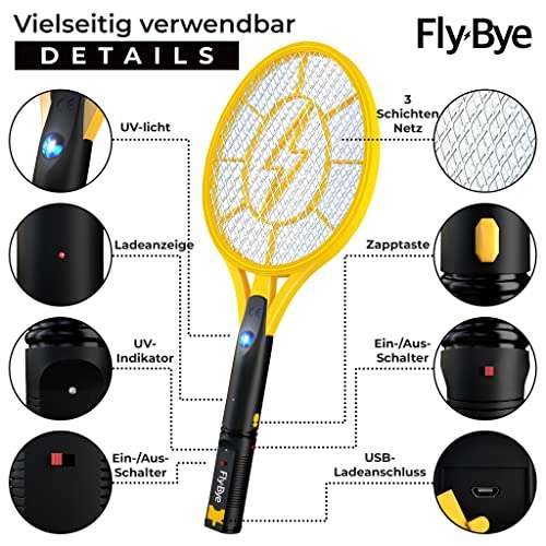 Fly-Bye Raqueta matamoscas eléctrica para Mosquitos, Profesional, 4000 V, Recargable por USB, luz LED intensa