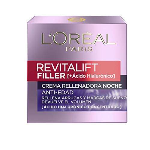 L'Oréal Paris Revitalift Filler Crema de Noche Revitalizante, Antiarrugas y Volumen, Anti-edad, Con Ácido Hialurónico, 50 ml