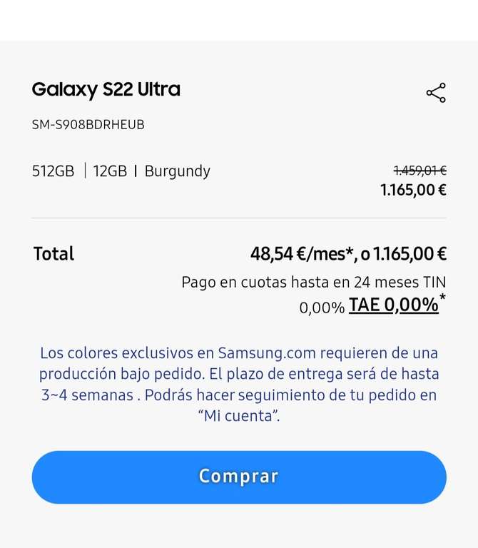 Samsung Galaxy S22 Ultra 512GB - 12GB - Color Burgundy (estudiantes, Samsung Plus o ColectivosVIP)