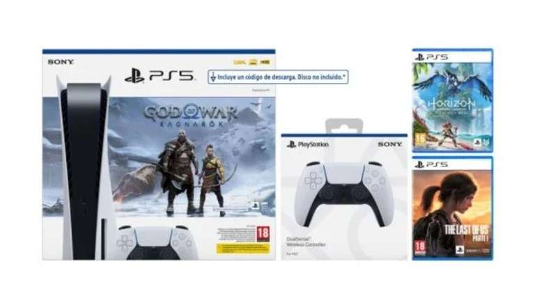 Sony PlayStation 5 Disco + 2 DualSense + God of War Ragnarök + The Last of Us Parte 1 + Horizon Forbidden