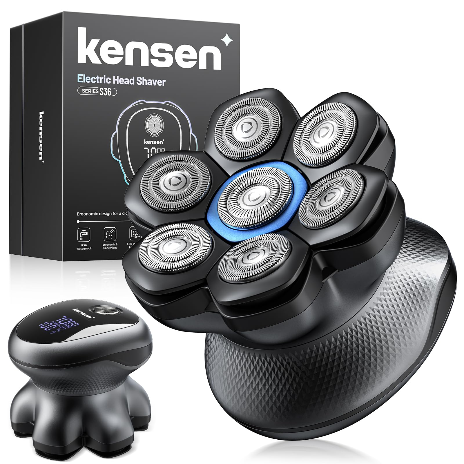 kensen Máquina de Afeitar Cabeza con 2 Velocidades 7D Cabezales Magnéticos Afeitadora Electrica Calva en Seco y Húmedo IPX6 Impermeable