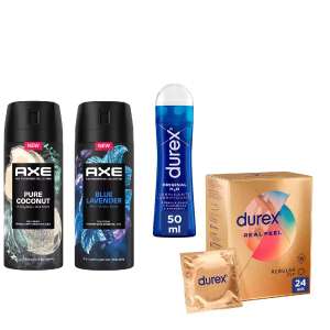 Durex - Lote 24x Preservativos Real Feel + Lubricante Original H20 100 ml + Axe Desodorante Pure Coconut + Blue Lavender 150 ml