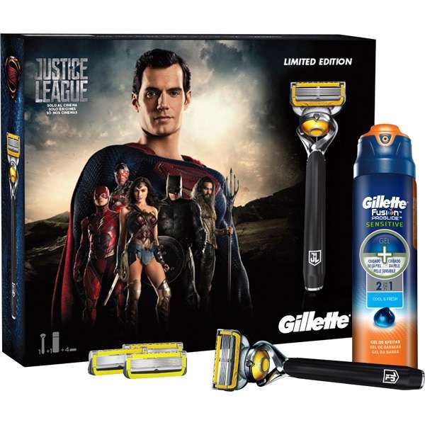 GILLETTE PROGLIDE Pack Liga de la Justicia Superman con maquinilla + 3 recambios + gel de afeitar Sensitive estuche 1 unidad