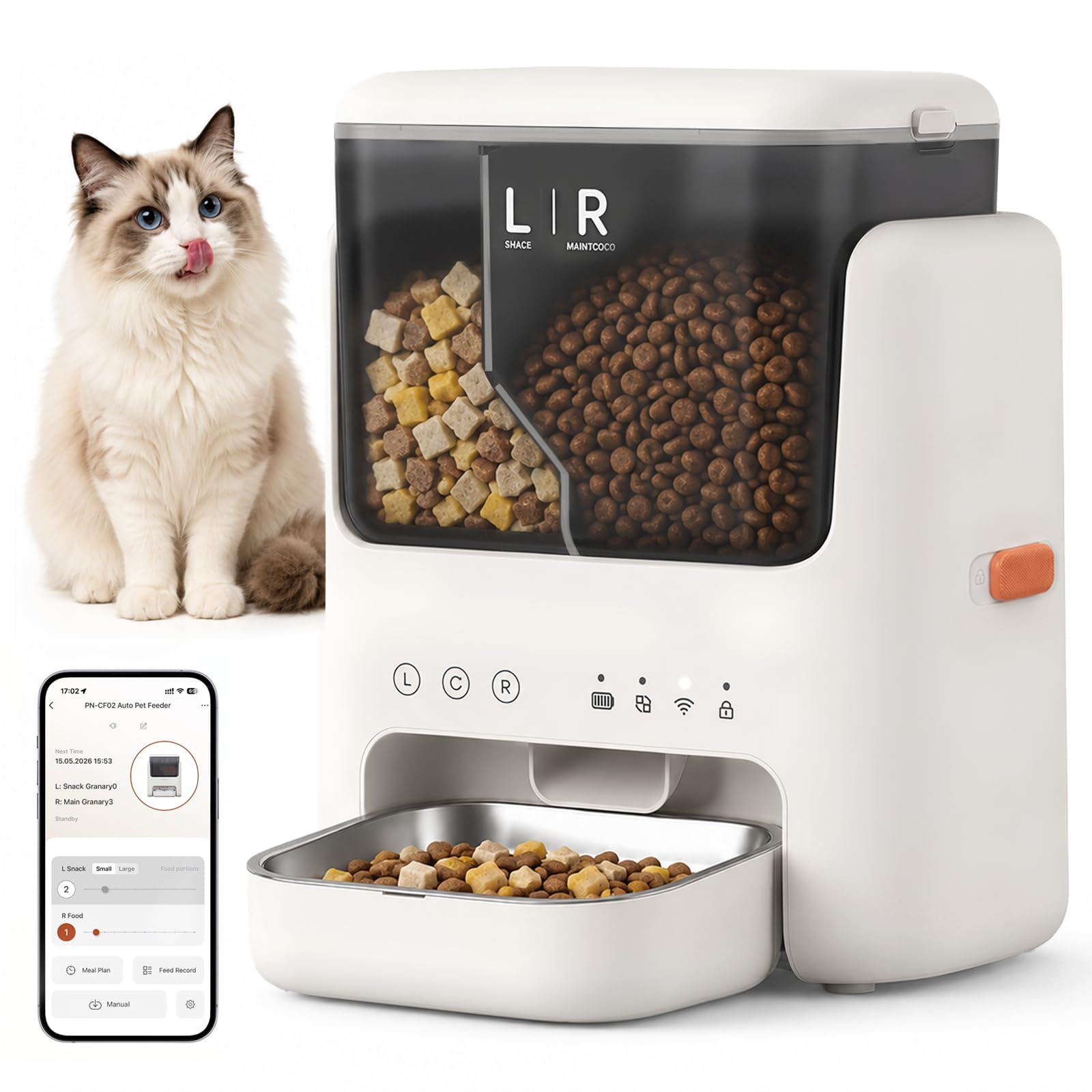 Alimentador Automático para Gatos, Comedero Inteligente para Mascotas con App, Capacidad 2L+3L