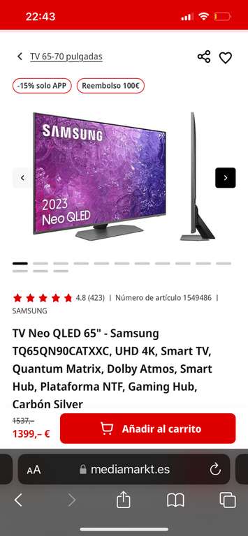 [Desde la APP + 100€ Reembolso] TV Neo QLED 65" - Samsung TQ65QN90CATXXC