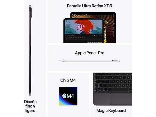 Apple iPad Pro (2024), 512 GB, Plata, 13", WiFi+CELL, Pantalla estándar, Chip M4, 10GPU