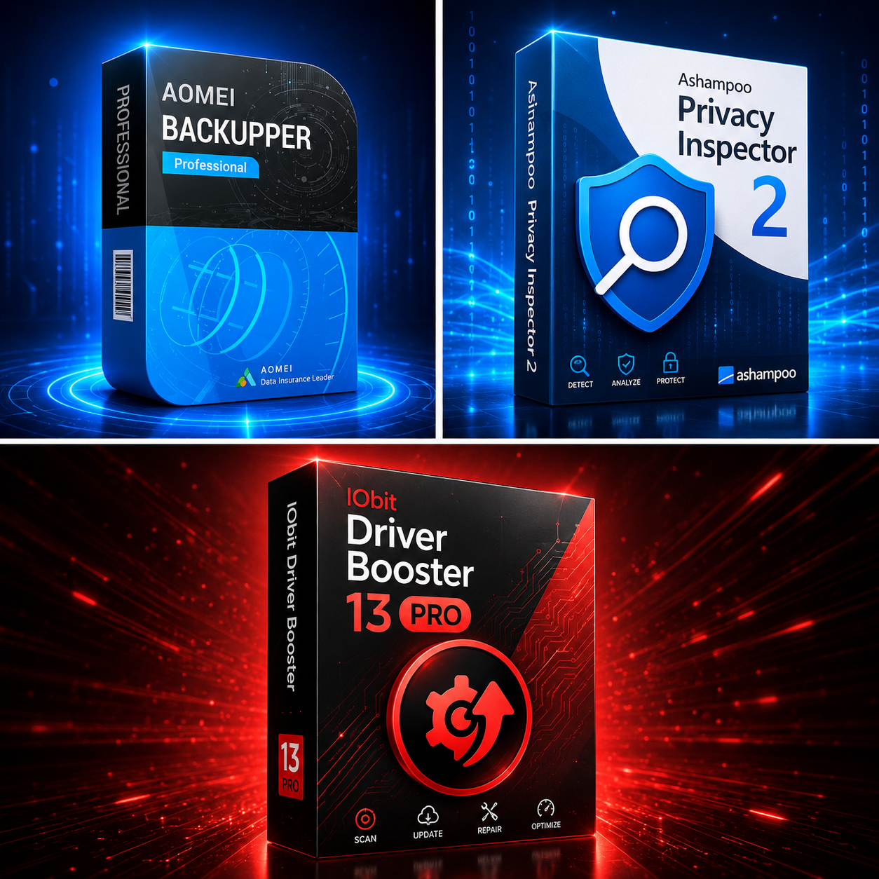 Aomei Backupper Pro (1 Año), Driver Booster 13 Pro, Ashampoo Privacy Inspector 2