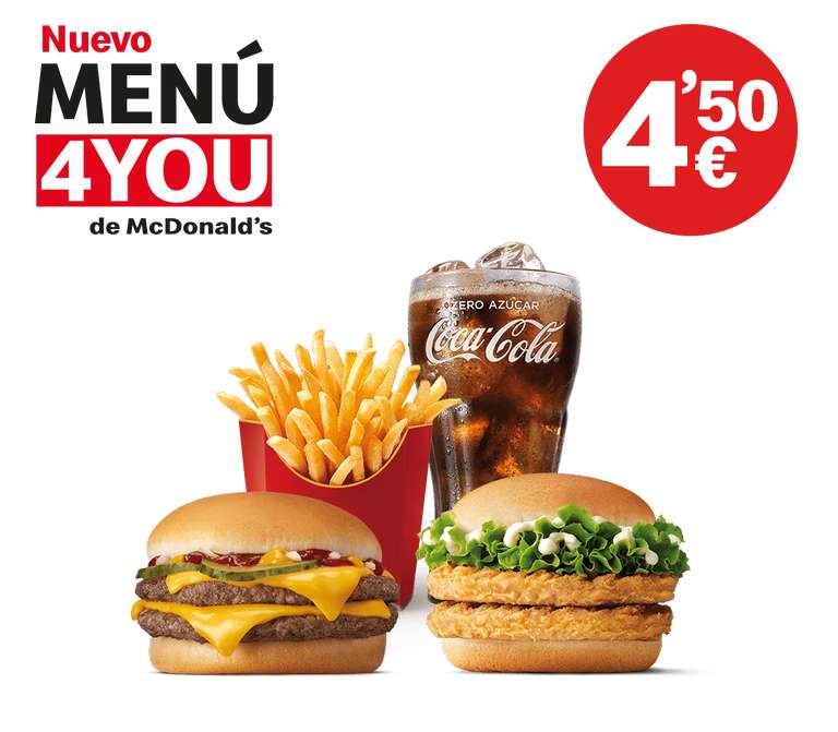 Oferta Menú4You en McDonald's (oferta válida en pedidos a domicilio mediante Glovo, Uber Eats y Just Eat) (PVP máximo 5,50€)