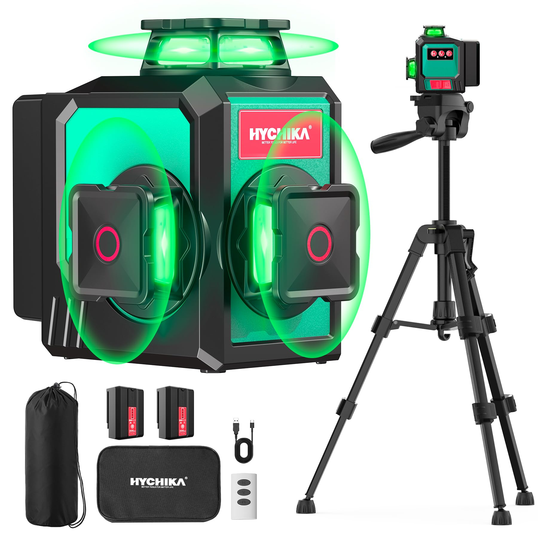 HYCHIKA - Nivel Láser 360° Autonivelante de 12 Líneas con Trípode, 2 Baterías 3000 mAh y Mando