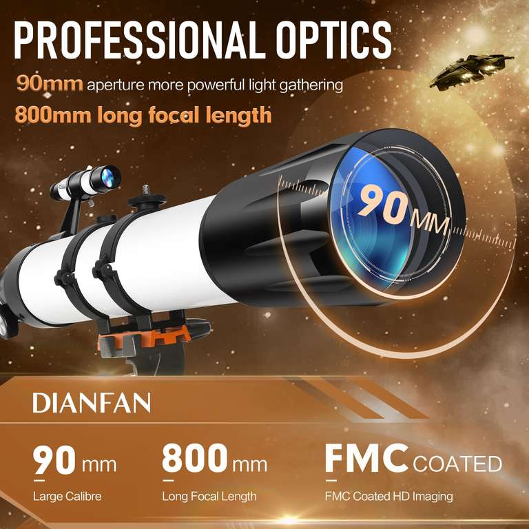 Dianfan 90/800 (32X-240X) Telescopio Astronómico Profesional Telescopio Refractor ,con Trípode Inoxidable y Adaptador para Teléfono, Bolsa